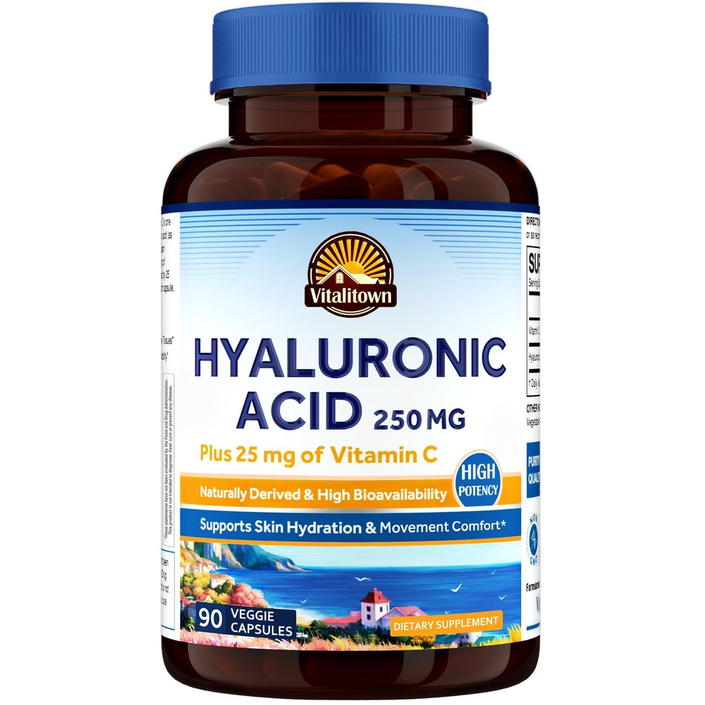 Vitalitown Hyaluronic酸补充250毫克,加上25毫克维生素C,自然衍生物和高生物利用率,皮肤水分,90维根卡普尔,3个月供应