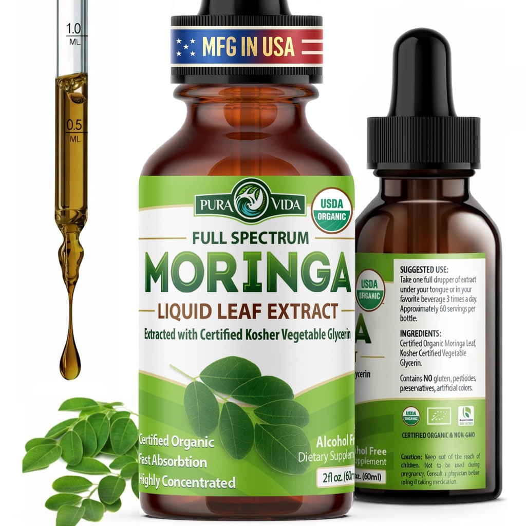 PURA VIDA MORINGA 提取液滴 - USDA 有机认证 - 高度纯化,生物可用和比莫林加粉或卡普苏莱斯更快的吸收 - 单一来源的莫林加 Oleifera 叶片提取