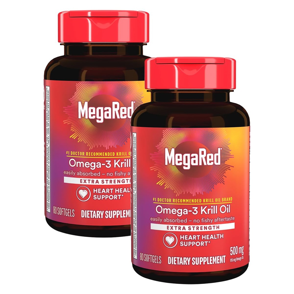 与EPA/DHA合作的大型红外增能500mg Omega-3 Krill石油补充剂,无鱼余味支持心脏健康,80个软胶伯爵(2包)