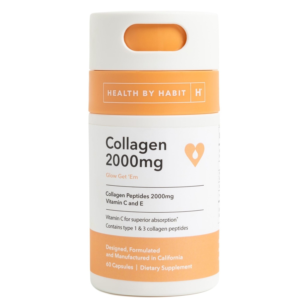 由Habit Colagen补充(60 Capsules)-维生素C和维生素E,2000mg,Colagen Peptides,高级吸收,支持你的皮肤,非GMO,无糖(1包)