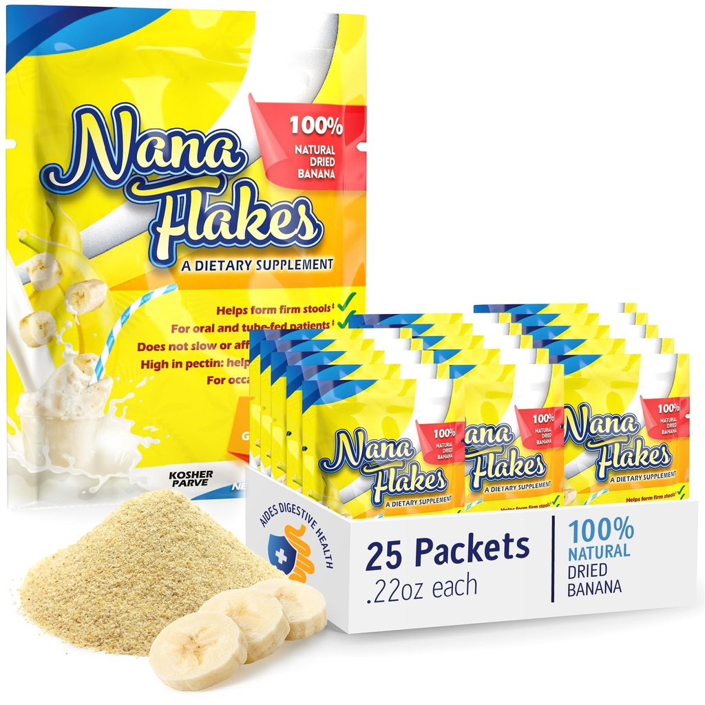 Nana Flakes 100%纯香蕉片 医疗食品粉 - 减少脂肪摄入量和对腹泻和心脏烧伤的自然补救 - 蛋白质和纤维的大源(25个单一服务包)