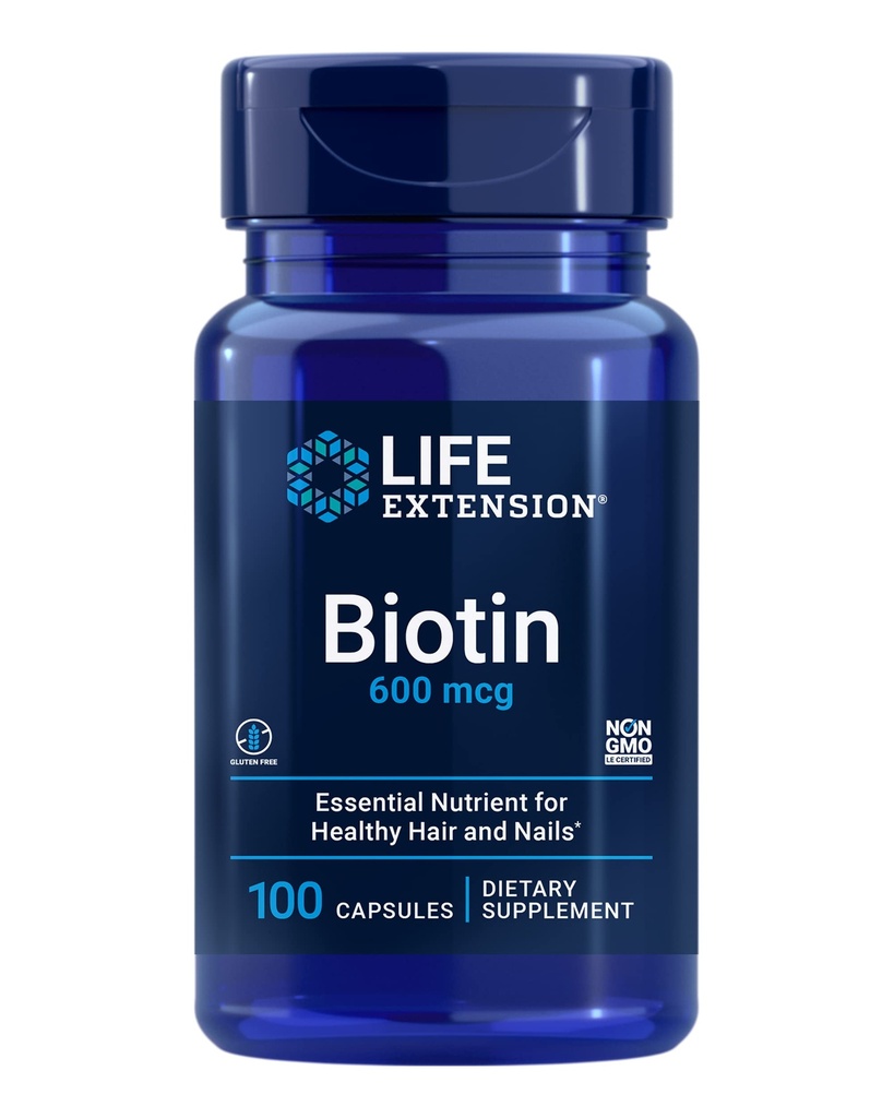 生命延伸 生物素 600 mcg 维生素B7 美丽头发,钉子和超越的支持补充 – Gluten-free, Non-GMO - 100 Capsules