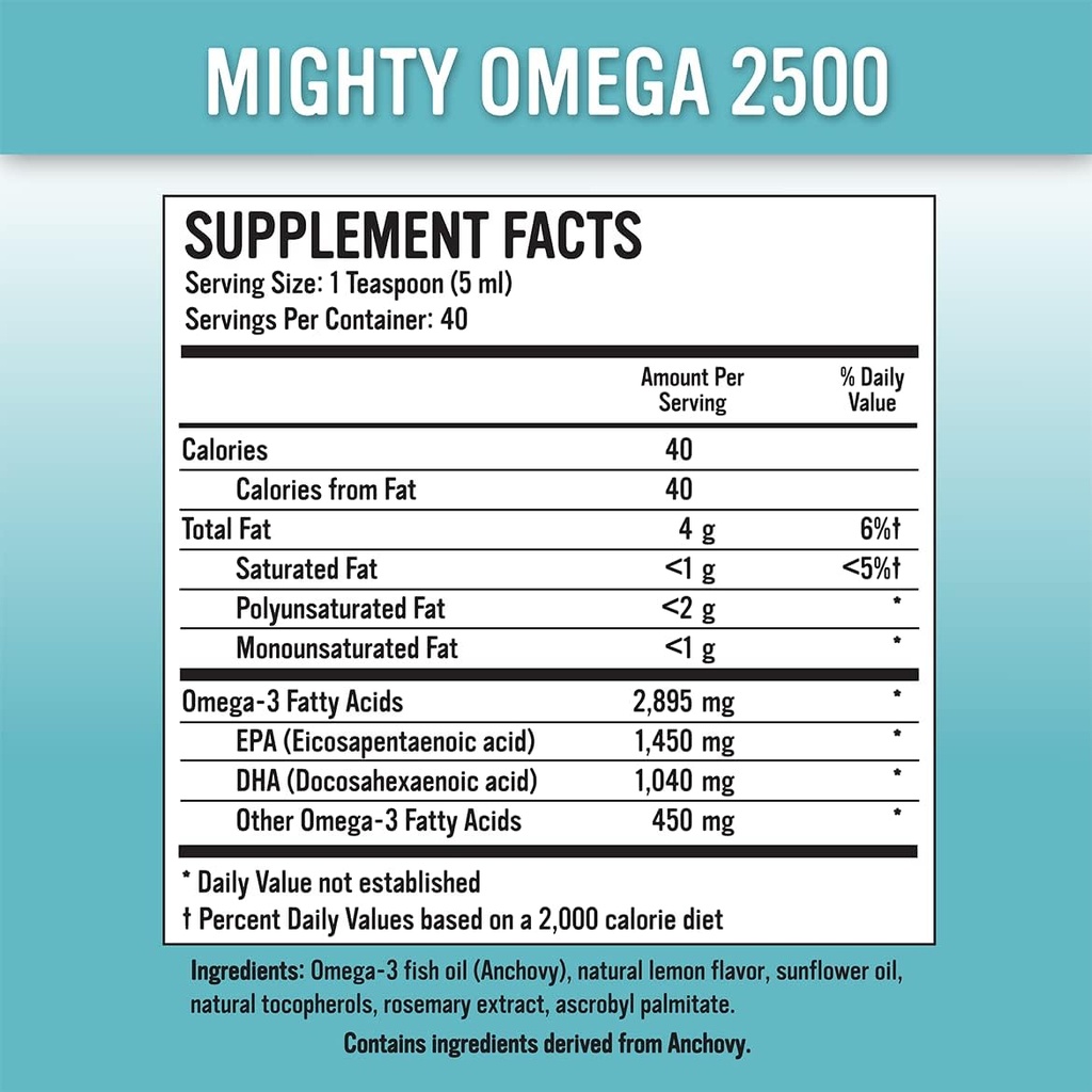 威力Omega 2500 Potent Omega 3 补编 - 2500 MG EPA DHA Per Teaspoon - 高剂量Omega 3 鱼油 - 南太平洋安非他明源 - Triglyceride Omegas 3 脂肪酸 3 补编