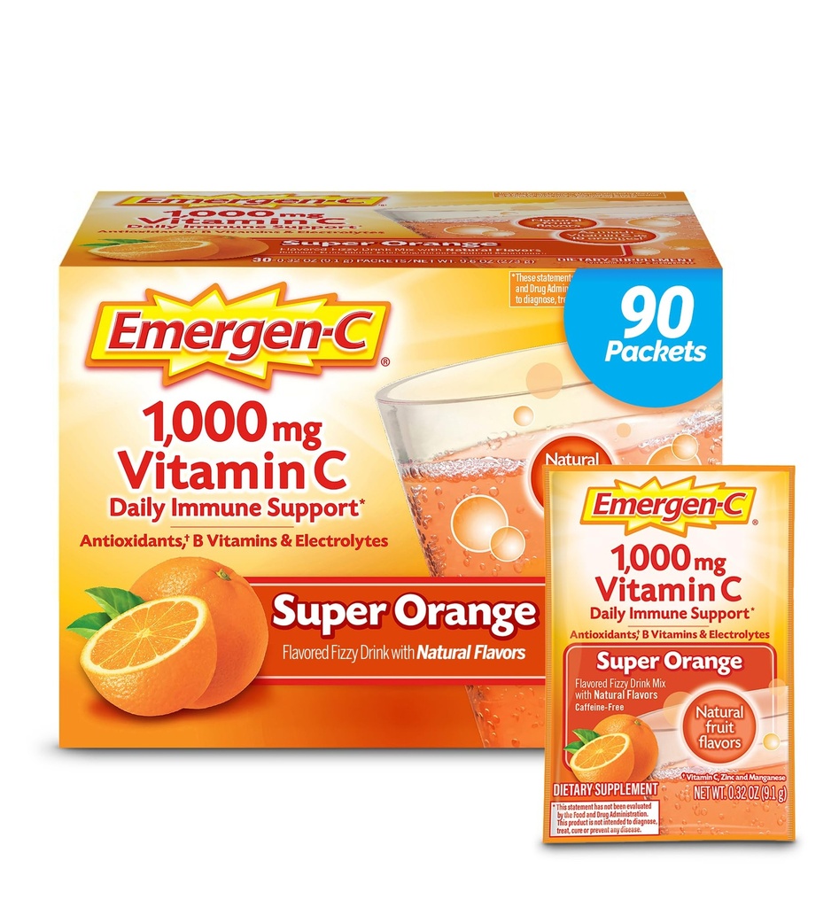 Emergen-C 1000mg 维他命C粉用于每日免疫支持咖啡因免费维他命C 配有锌和曼干内塞,B维他命和电解质,超级橙色火焰-90 Count/3个月供应量.