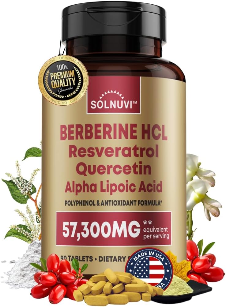 Premium Berberine 补充剂 Resveratrol Quercetin Alpha Lipoic Acid - 50:1 柏伯林 HCl 复合性强抗氧化剂,多酚,维生素-90 Vegan 片,非GMO,无胶原