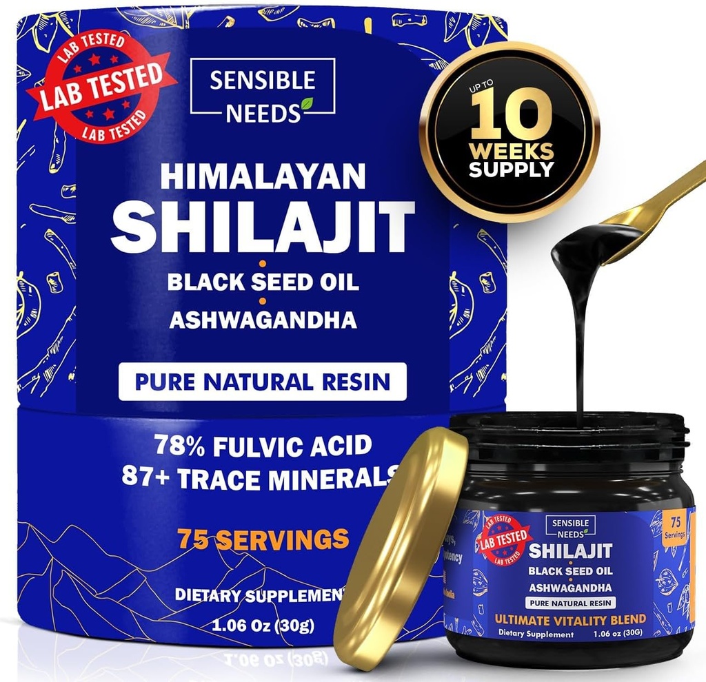 纯喜马拉雅Shilajit有机Resin补充剂,黑籽油和Ashwagandha的男女Shilajit,能源,豁免,78%富尔维酸,87+ 追踪矿物,400毫克