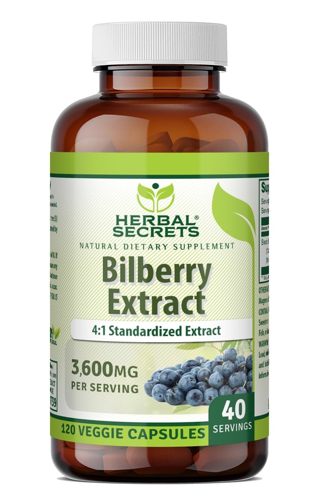 草药秘诀 Bilberry 提取器 300 Mg → 4:1 提取器 (3600 mg 等价) → Veggie Capsules → Non-GMO → Gluten-free → 美国制造(120个计数器)