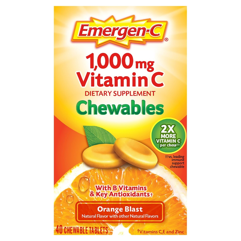 Emergen-C Chewable Vitamin C 1000mg, 配有 B 维生素和抗氧化剂片(40 Counter, 橙爆裂火焰), 饮食补充