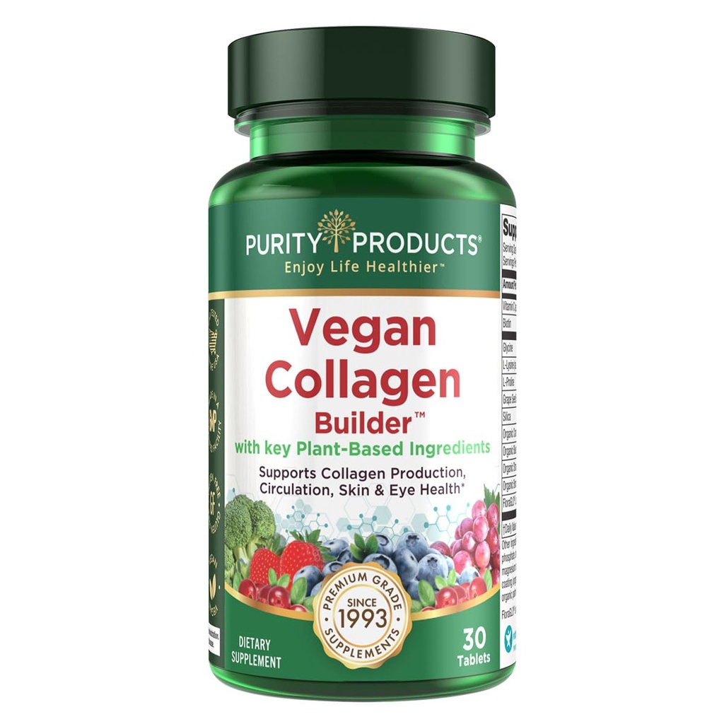 Vegan Collagen 构建器 - 有机全食品水果 + Veg, Silica, Lutein, 维生素C, Biotin, 葡萄种子 - 氨酸 Glycine, Lysine + Proline Collagen 推进器(30种服务,平板)