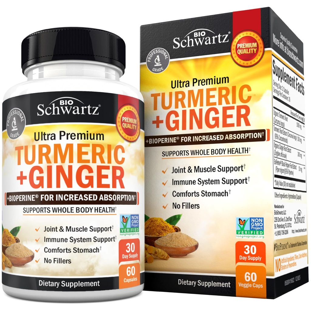 Turmeric Crucumin和Ginger 补充剂 - 95% 具有超高吸附性生物Perine黑椒提取剂的标准化Crucuminoids - 天然联合支持补充剂 - Gluten-Free - 60 Capsules