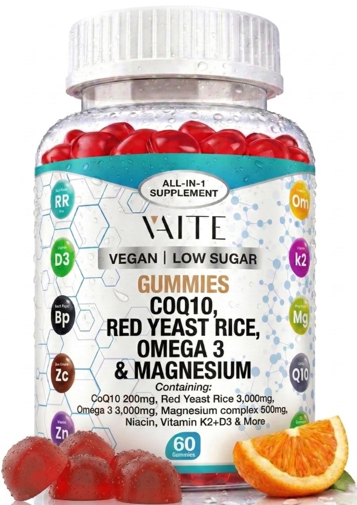 CoQ10 200mg Gummys配有红酵母大米和甘化镁 – Omega-3,锌,以及维生素K2+D3 用于总体健康 – 成人补助 – 60 Chewable Gummys