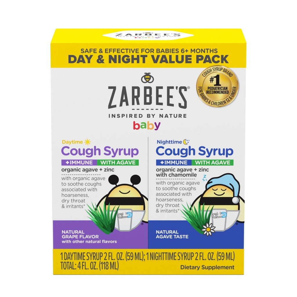 Zarbee的婴儿日间和夜间 cough Syrup + Immune 有机Agave + Zinc,葡萄加香蜜酒,Agave 味觉,2×2 fl.