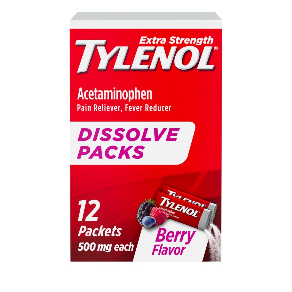 Tylenool 外强溶解包,500 mg 乙酰氨基苯 止痛剂和减热剂,小痛剂和止痛剂的在线粉包,Ibuprofen & Aspirin Free, Berry Flavor, 12 cm