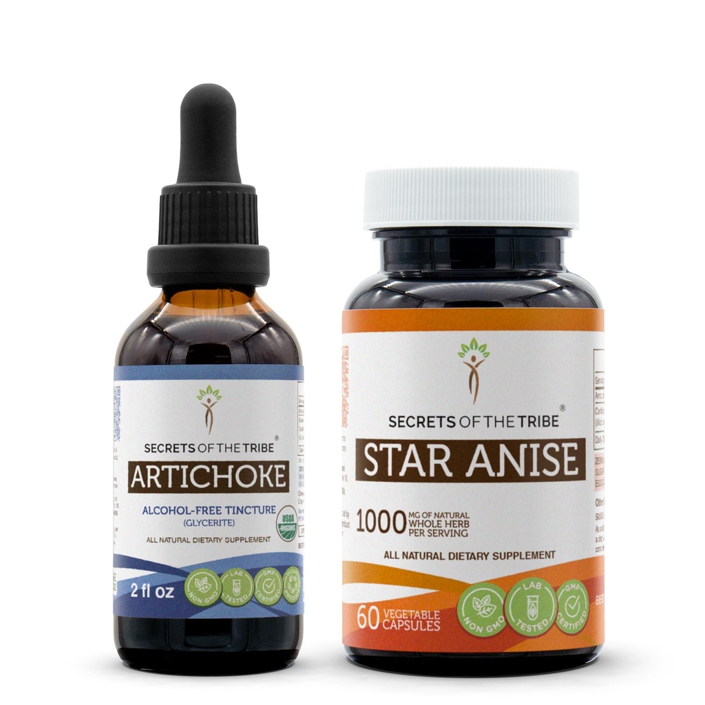 Artichoke USDA Organization and Star Anise Capsules (2 pcs.) QQ 无酒精有机Artichoke (Cynara scolymus) 干叶2 oz and 1000 mg star Anise (Illicium verum) 干籽(60 capsules)