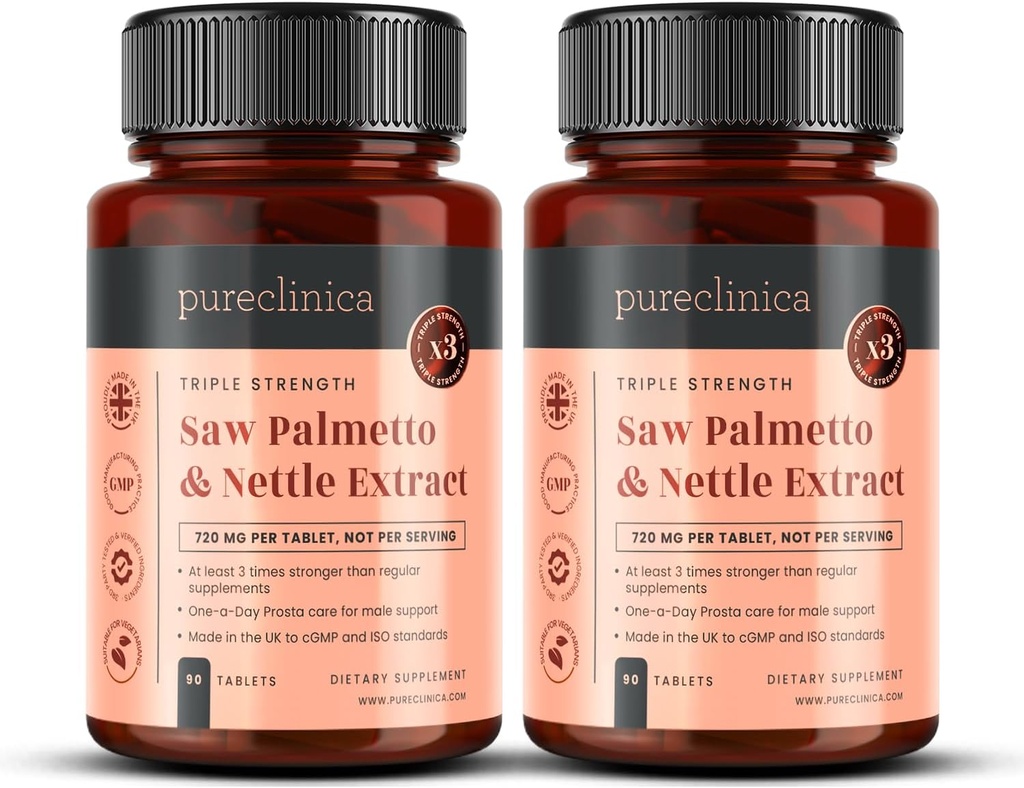 2-Pack三重强力 Saw Palmetto & Nettle Root – 180平板电脑 → 4149mg 与 160mg Saw Palmetto 提取(85–95%脂肪酸), 30mg Nettle Root, 649mg 钙 → 6-Month 供给 → 前列腺支持