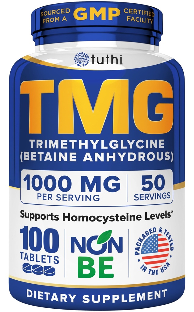 Tuthi TMG 补充 – 1000mg 三甲基甘氨酸 – Betaine 氨基酸用于心血管支持和健康同位素水平 – 100 Vegan 板块 – Gluten Free, Non-GMO – 在美国制造