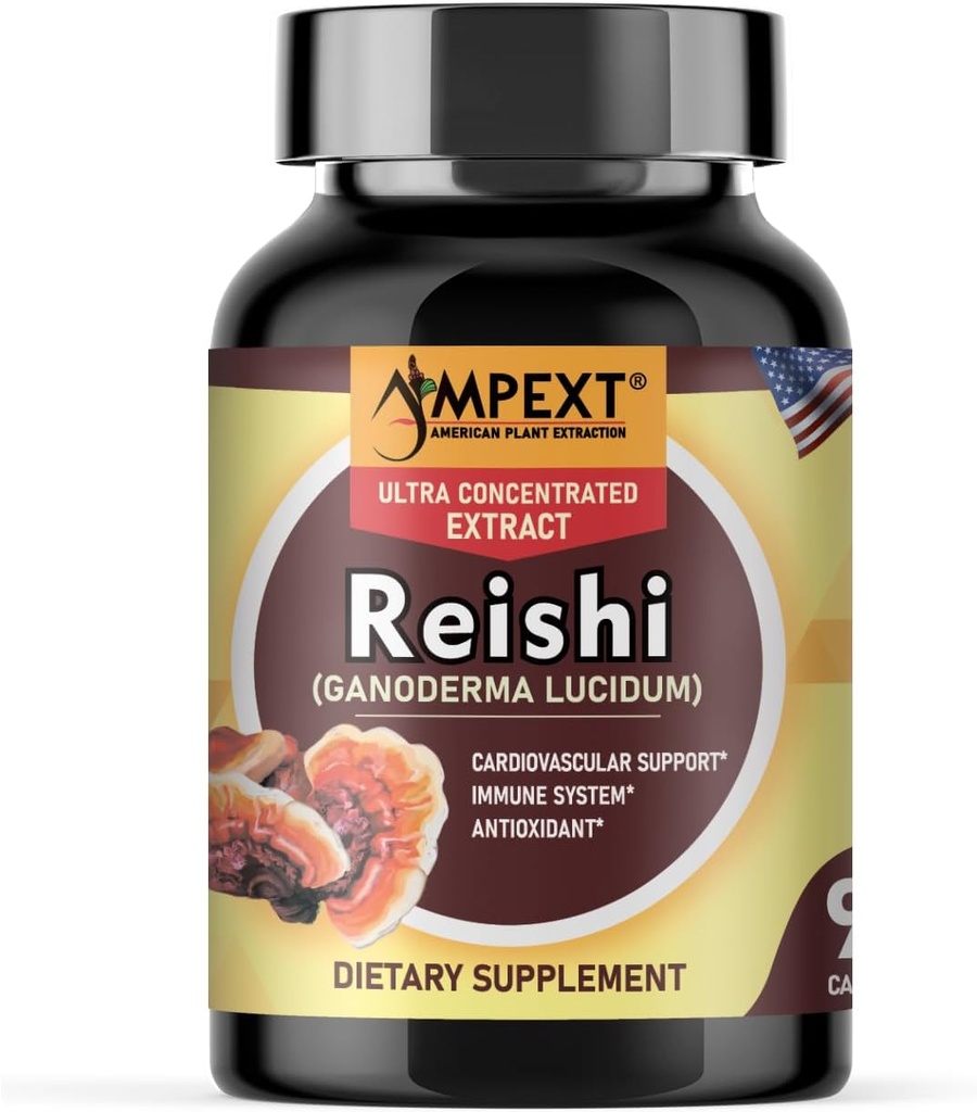 Reishi蘑菇提取 - Premium Quality, Only Fruiting Bodys, Antioxidant, Pmonotes 长寿,豁免促进器,能量和生命力,移除Fatigue,90 Veg Caps.