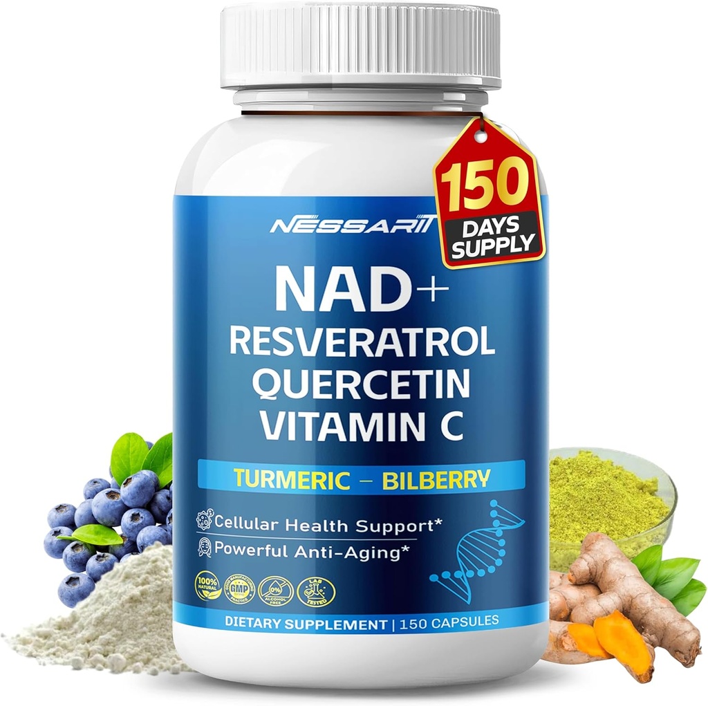 NAD+ RESVERATROL 补充- 10in-1 天然混合剂 Quercetin Turmeric Berberine Bilberry 绿茶 - 150 计数 - 在美国制造和试验