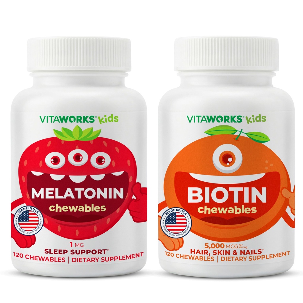 1mg Chewables + Biotin 5000mcg Chewbels Bundle (英语:Chowbols Bundle) (英文)Kids Melatonin 1mg Chewables + Biotin 5000mcg Chewballs Bundle (中文(简体) ).