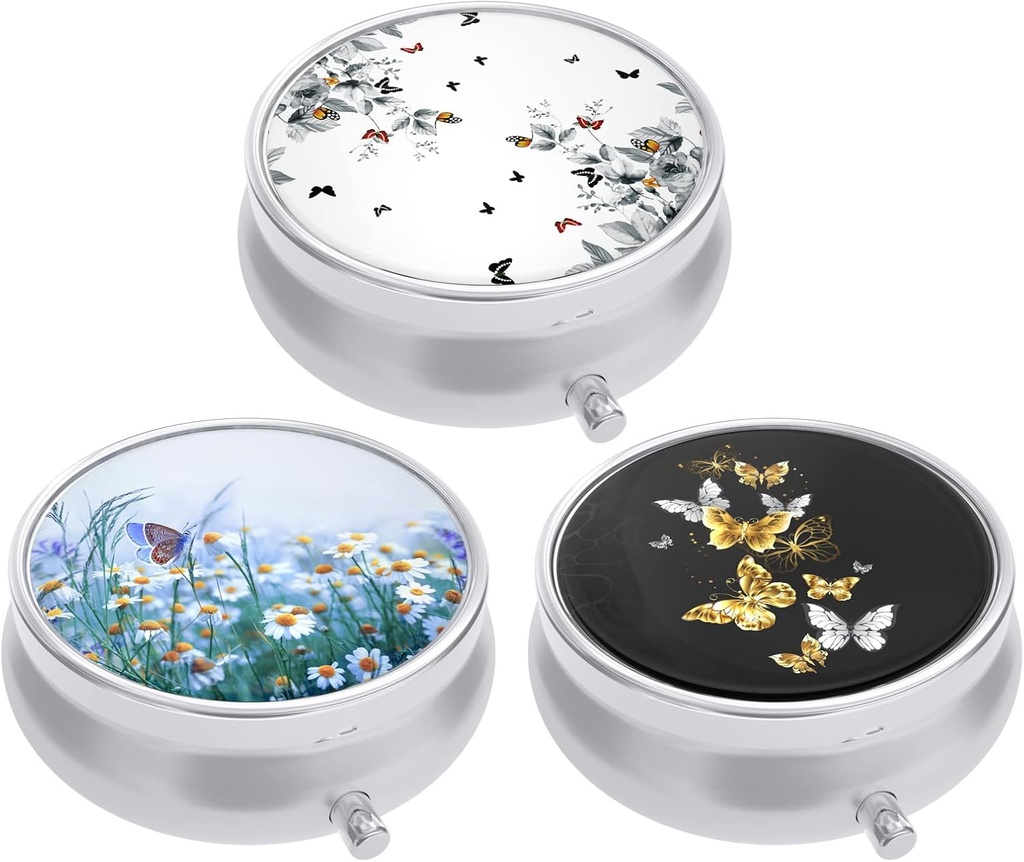 3 Pack Pill Box, Purse & Pocket小药箱,Cute Travel Medicine 组织者,便携式药品容器持有者持有维生素,药物,鱼油和补充剂,蝴蝶