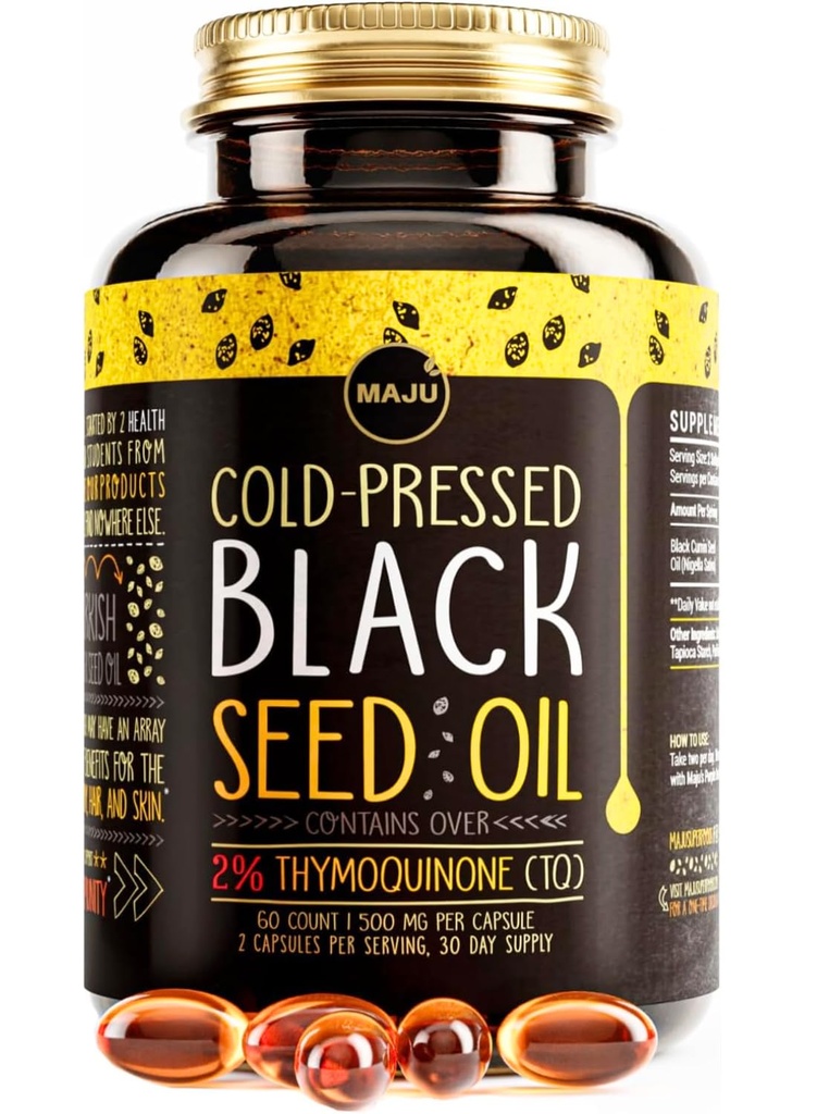 马朱超级食品 黑种子油盖 - 冷压,2% Thymoquinone,100% 土耳其黑人 Cumin Nigella Sativa 种子油,液态纯黑种子60 计数,每卡普尔500 mg