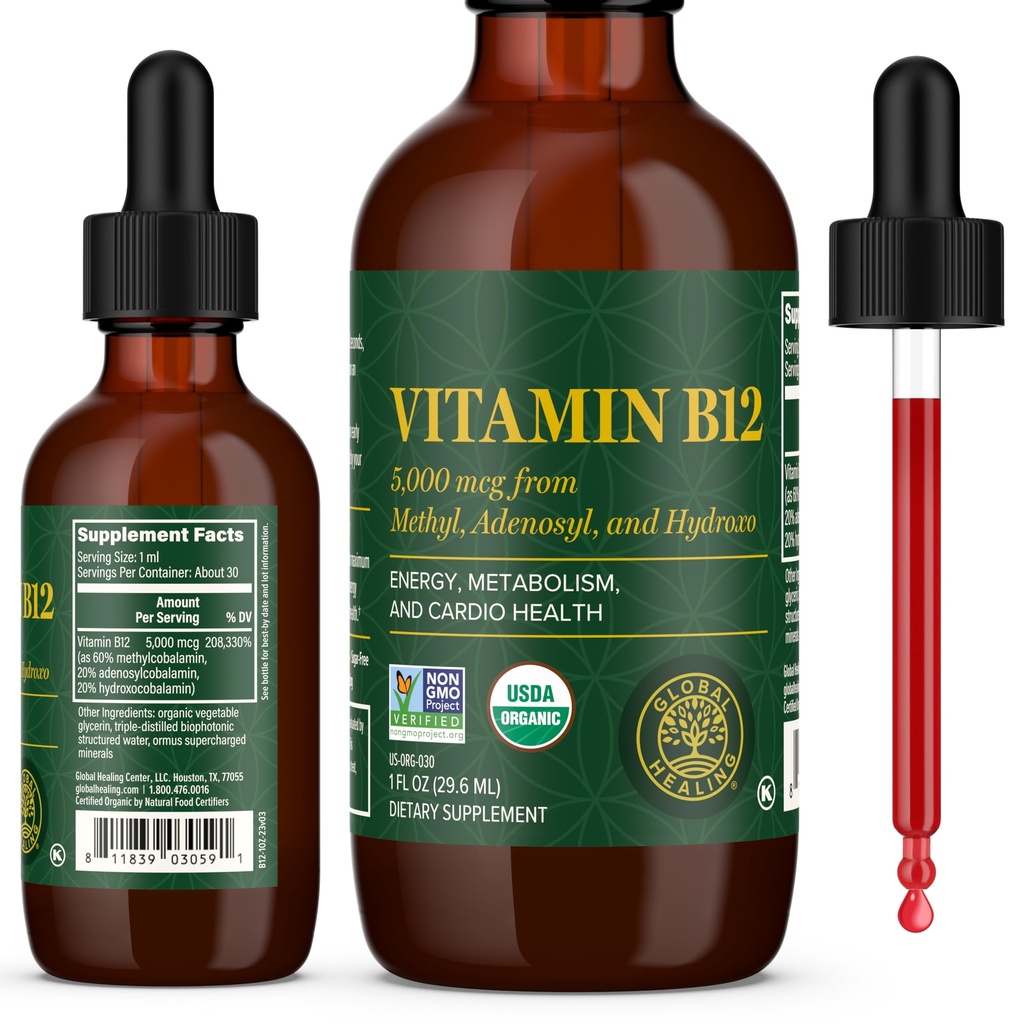 全球愈合中心 - 维生素B12 亚语 5 000 MCG 有机液体补充剂 Methylcobalamin, Adenosylcobalamin, Hydroxo Long-Lasting Energy and H健康的代谢 - Vegan B12 维生素(1 Oz)