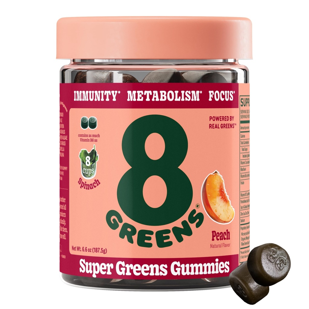 8 Greens Supergreens Gummys 超级绿色粉末超级食品 Gummy for代谢,豁免和聚焦,消化性健康酶,有机:Chlorella, Spiruina, Aloe Vera, Peach Flavor, 50 Counter