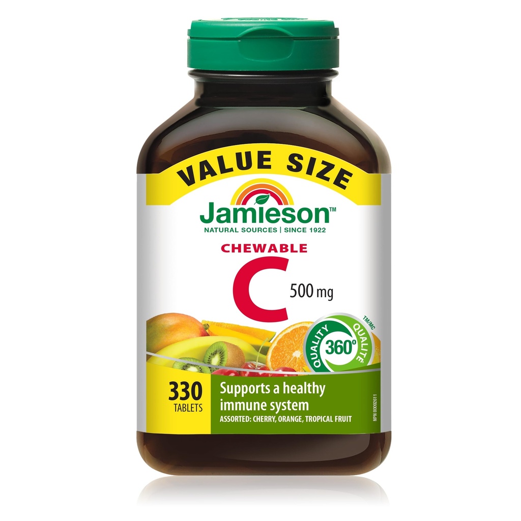 Jamieson Chewable Vitamin-C 500mg 值补充包(330 计数),混合 3 Flavors