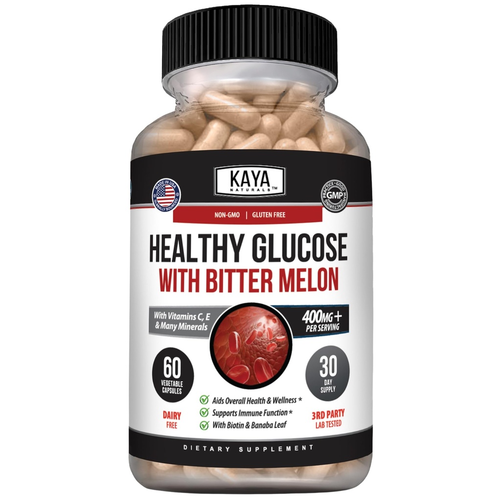 Kaya Naturals Health Gluco with Bittermelon Supplement QQ 支持健康水平和功能,20种草药维生素和矿物,Alpha Lipoic Acide,Cinnamon,维生素C & E,Non-GMO(60个计数)