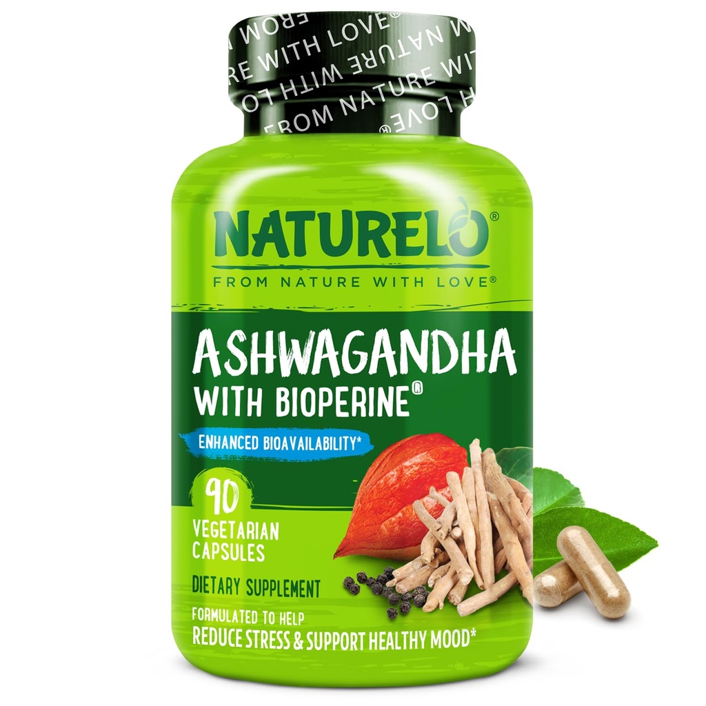 NATURELO Ashwagandha 有机根粉 - Fatigue的天然草药补充剂,应激缓解剂,Mood增强剂 - 带有黑色胡椒提取剂 - 90 Vegan Capsules