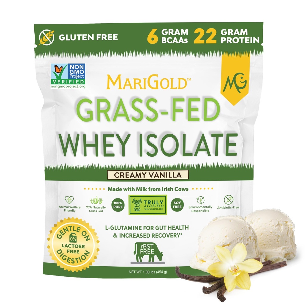 MariGold grass-fed Whey蛋白蛋白隔离粉 - Creamy Vanilla Flavor - 1 Lb Bag 100%纯度,冷处理,微加工,未定型,非GMO,rBGH 自由,大豆自由,Gluten 自由,乳糖自由