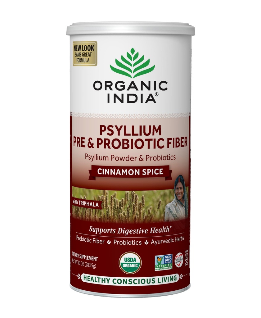 ORGANIC INDIA 胡斯克粉末 - 预和亲生纤维补充剂,有机肽胡斯克纤维补充剂 整体胡斯克 Psyllium Husk, USDA认证有机, Vegan, Gluten Free - Cinnamon, 10 Oz