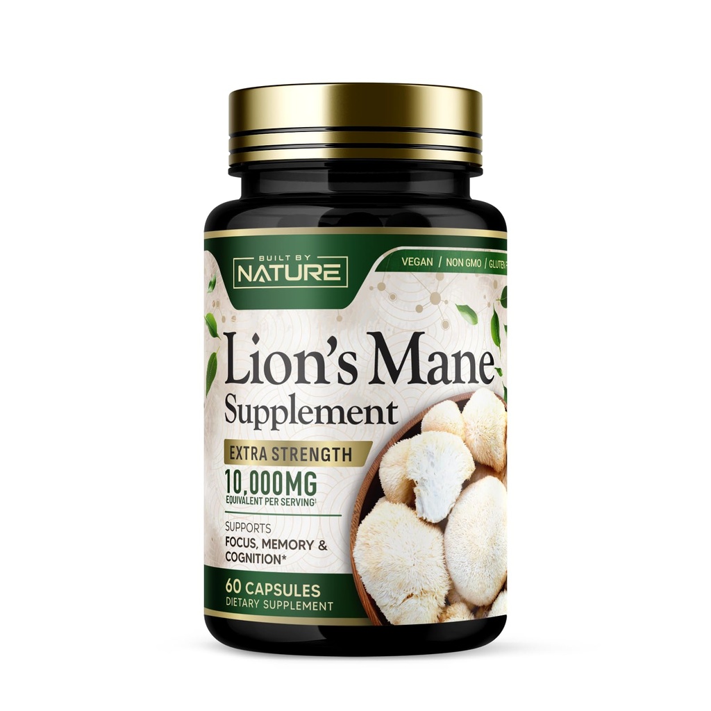 由自然狮的Mane 10,000mg 建造 – 超强蘑菇补充 Nootropic脑支持 – 聚焦,记忆和认知功能 – 非GMO,Gluten-free, Vegan - 60 Capsules