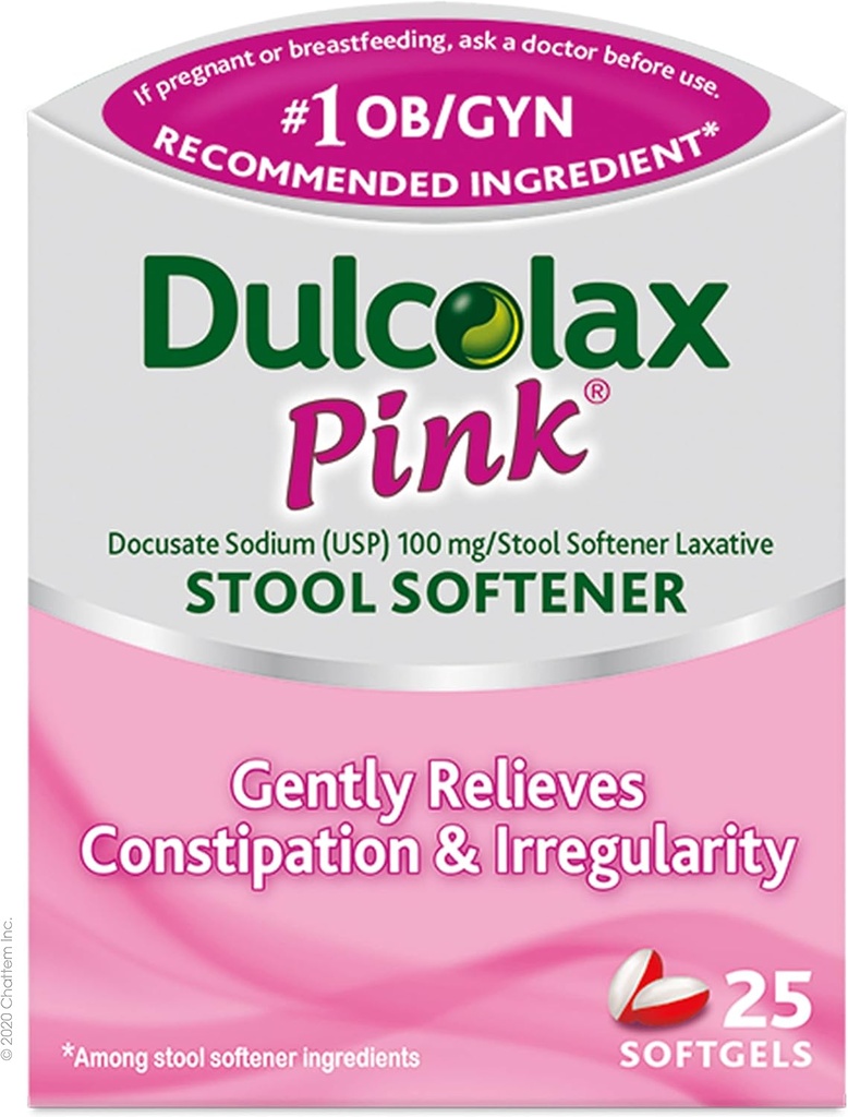 Dulcolax 粉红色工具软化器、杜塞酸钠、100毫克软胶片、25个计数器