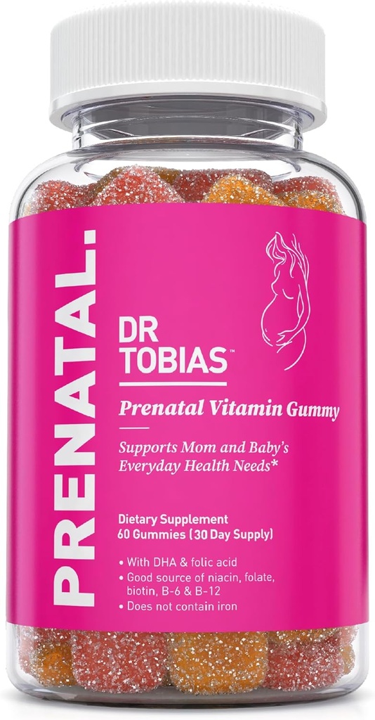 Tobias博士 产前维生素Gummy、含DHA和叶酸的无铁产前维生素、Niacin、Biotin、B6和B12,包括用于产前和产后支助的鱼油、60古米、30种服务