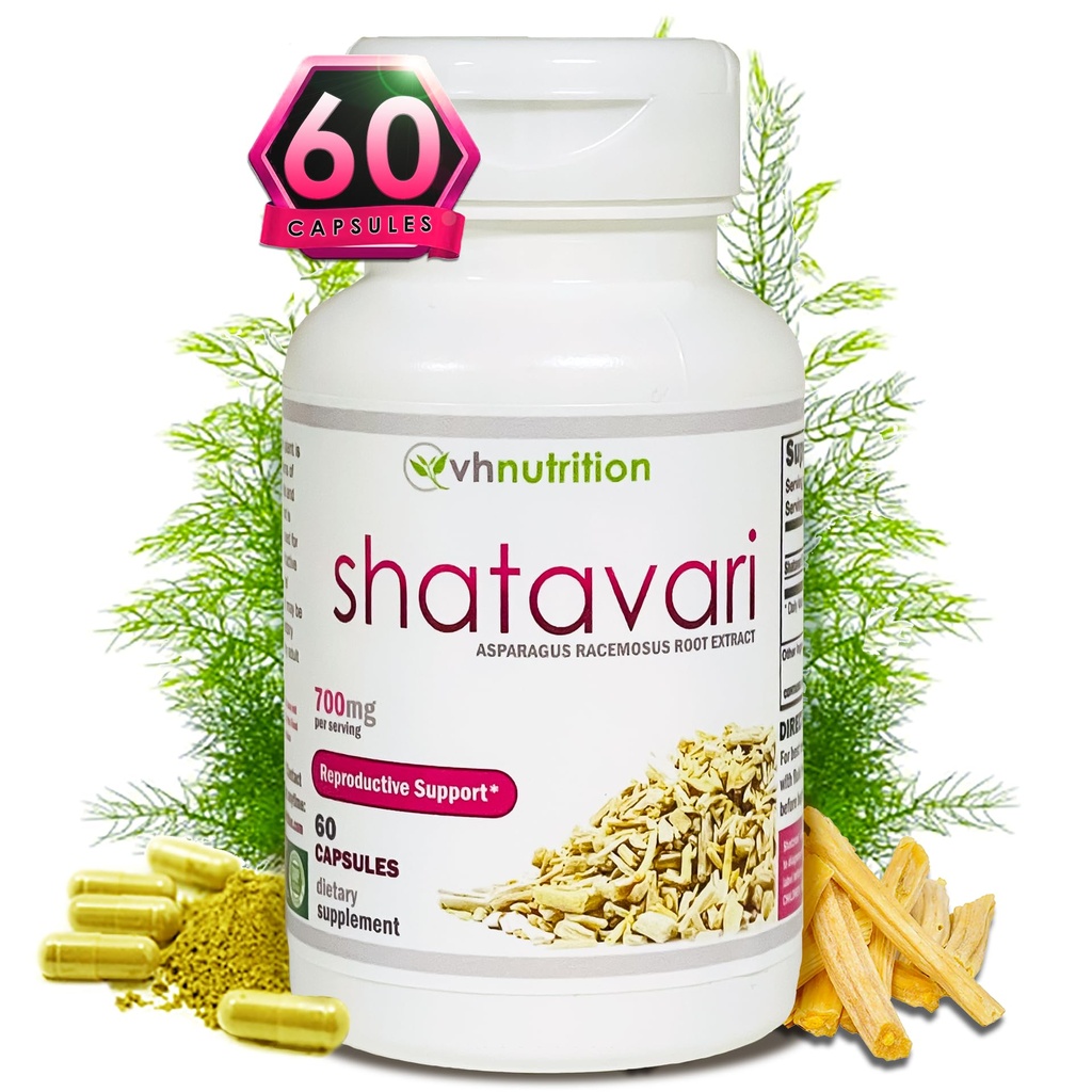 VH 营养 SHATAVARI → 700mg Asparagus racemosus 提取 → 女性生命力* 和再生 → 天然雌激素平衡 → → 支持激素健康和总体健康 → 60 Capsules