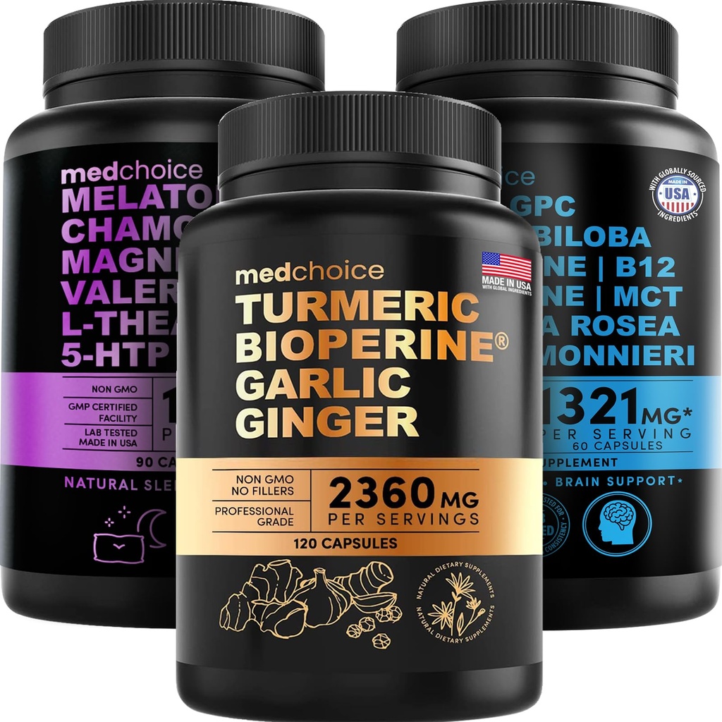MEDCHOICE Turmeric & Ginger (120ct), Sleep Melatonin (90ct), 和Nootrotic Brain (60ct) 补充 Bundle - 脑,睡眠,和免疫支持的安康三重奏 - Vegan, Non-GMO, Gluten-Free