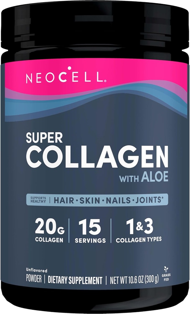 含有Aloe的Neocell Super Collagen; 1型和3型的Collagen; 支持健康的头发、皮肤和钉子; 自由胶质; 不受味的粉末; 10克Collagen/服务; 30名服务员; 10.6 Oz*