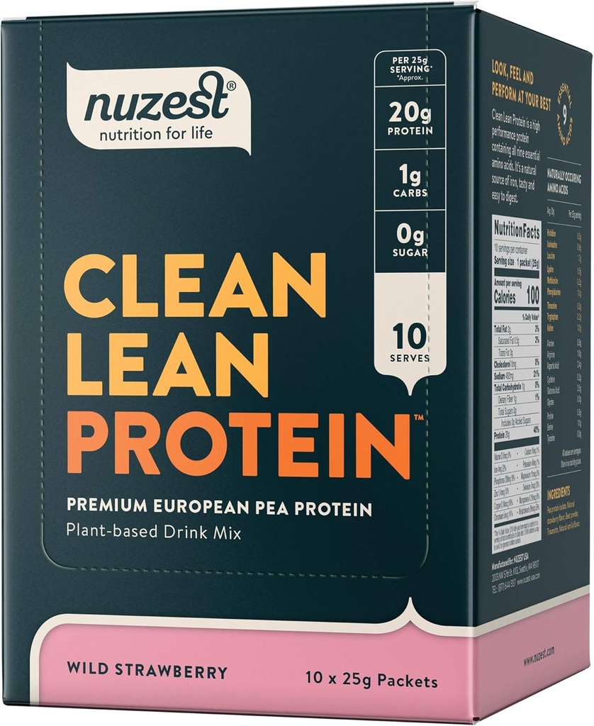 Nuzest - Pea蛋白粉 - Clean Lean protein, Premium Vegan 植物基蛋白粉,乳品自由,Gluten Free, GMO Free, 蛋白质摇摆,野草莓, 0.9 oz, (Pack of 10)
