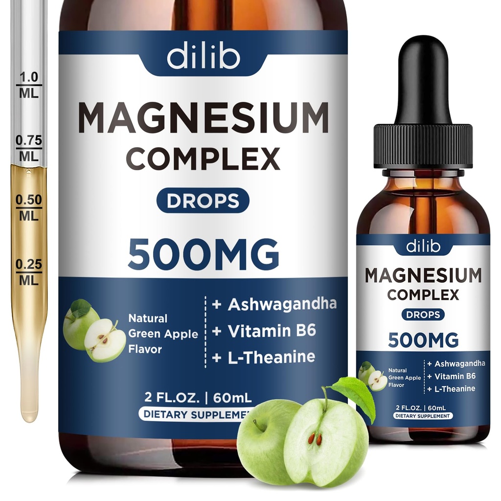 三重镁复合物补充剂-甘油酸镁(Magnesium Glycnate, Citrate, Malate Liquid Drops 500mg) 与 Ashwagandha, L-Theanine, B6 用于镇静, 缓解压力,睡眠, 肌肉支持-绿色苹果火焰