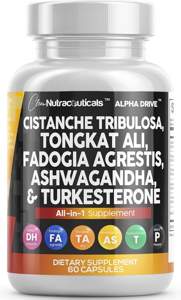 清洁的Nutra Cistanche Tribulosa Fadogia Agrestis Tongkat Ali Turkesterone Pills Ashwagandha Capsules 男子补充金 - 60个