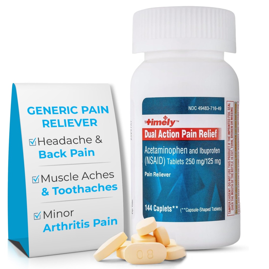 及时双动乙酰氨基苯 250毫克和Ibuprofen 125毫克 - 普通止痛剂、减少发热剂、头痛缓解剂、月经疼痛剂、牙齿痛剂、肌肉痛剂、关节炎疼痛缓解剂 - 144个计数