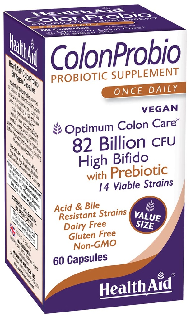 健康援助ColonProbio 82亿 配有Prebiotic,14 Strains, Once Daily, 60ct, 最佳Colon Care, Acid & Bile Reistant, 乳品自由, Gluten Free, Non-GMO, High Bifido