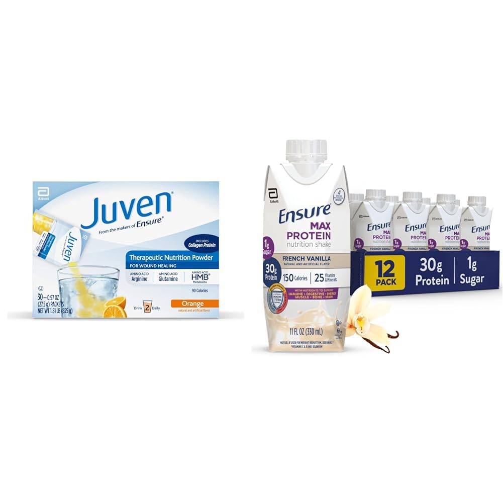 Juven治疗营养 饮用混合药粉治疗伤痛 30个计数+确保最大蛋白质营养 摇晃,法国香草,12包