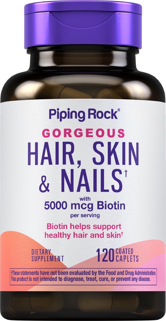 Piping Rock hair Skin and Nails Vitamins 120 Caplet Pills 配以 Collagen → 5000 mcg of Biotin → Non-GMO, Gluten Free Supple Supple 配音: 皮发和直肠素 120 Caplet Pills → 配音: 科拉根 → 5000 mcg of Biotin → Non-GMO, Gluten 免费补充品