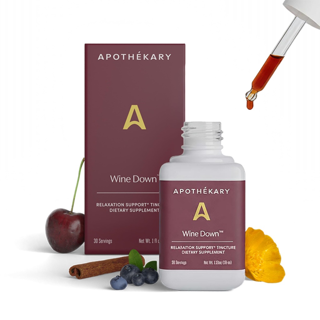 Apothékary Wine Down, Natural Sleep and Relaxation Supports, 无酒精红葡萄酒 - 草药液滴, 蓝韦尔万,塔尔特樱桃,和加州罂粟, 1 oz, 30 services