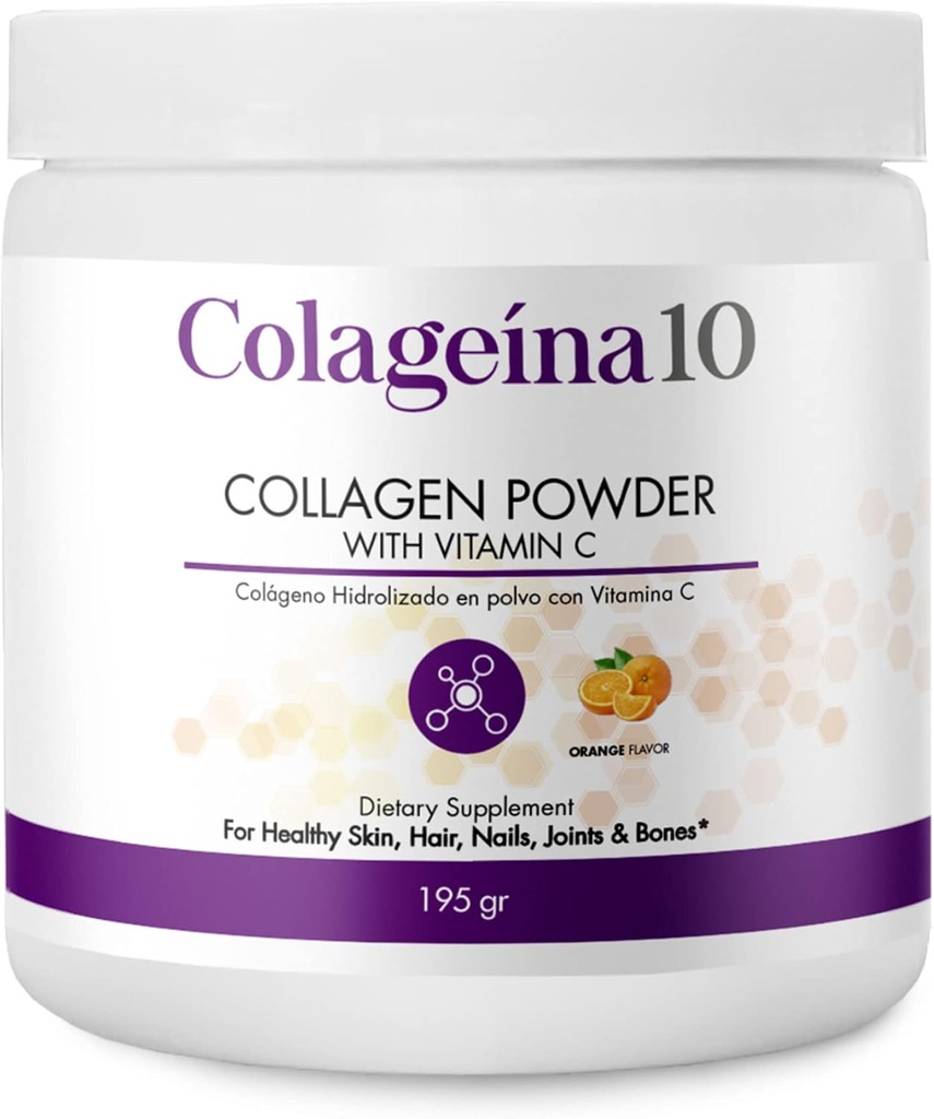 Colageina 10 含维生素C(195 gr)的水解凝血粉 - 橙色火焰 - 健康皮肤、头发、钉子、关节和骨骼的抗衰老饮食补充剂