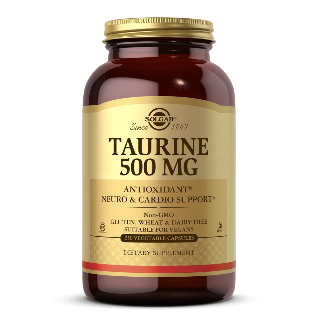 Solgar Taurine 500 mg, 250 蔬菜罐头 - 抗氧化剂 - 脑健康 - 氨基酸 - Vegan, Gluten Free, Dairy Free, Kosher - 250 services