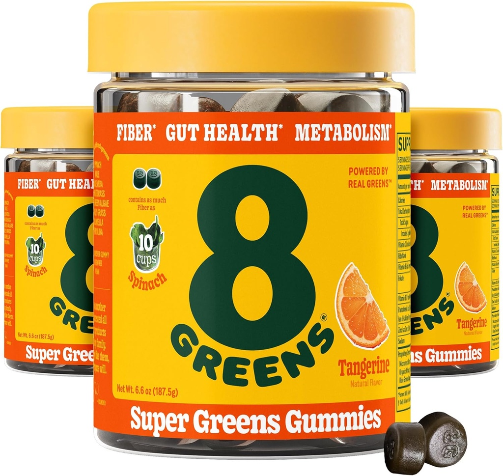 8 Greens Daily Fiber Super Greens Gummys - Tangerine Flavor: Boost Immune System & 消化性健康与8 Real Greens - 非GMO公式,Chewables,50 Gummys,包3