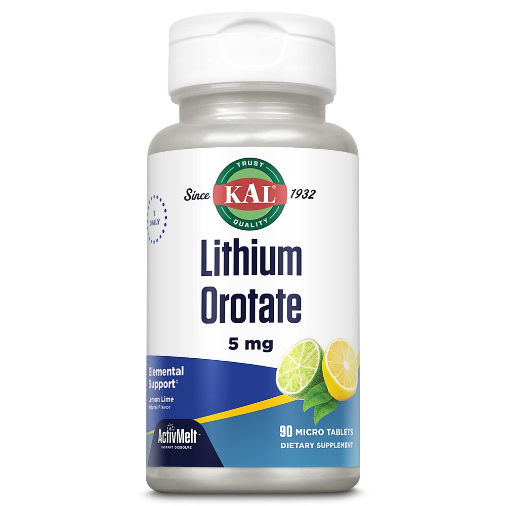 KAL Lithium Orotate ActivMelt 5mg, Chelated Lithium for Optimal Absorption and Bioavailability, Healthy Mood Support, Natural Lemon Lime Flavor, Instant Dissolve Tablets, 90 Servings, 90 Micro Tablets